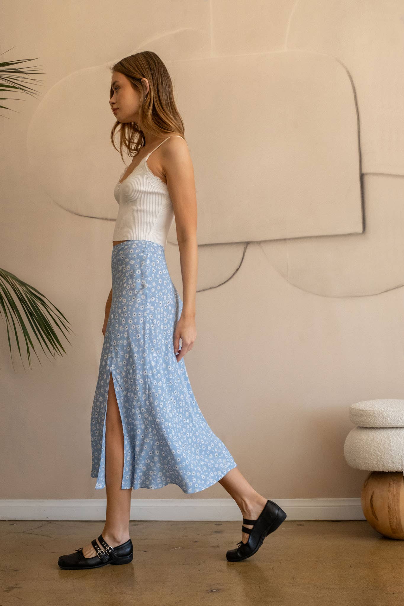 The Workshop Studio - Floral Side Slit Midi Skirt - Dusty Blue