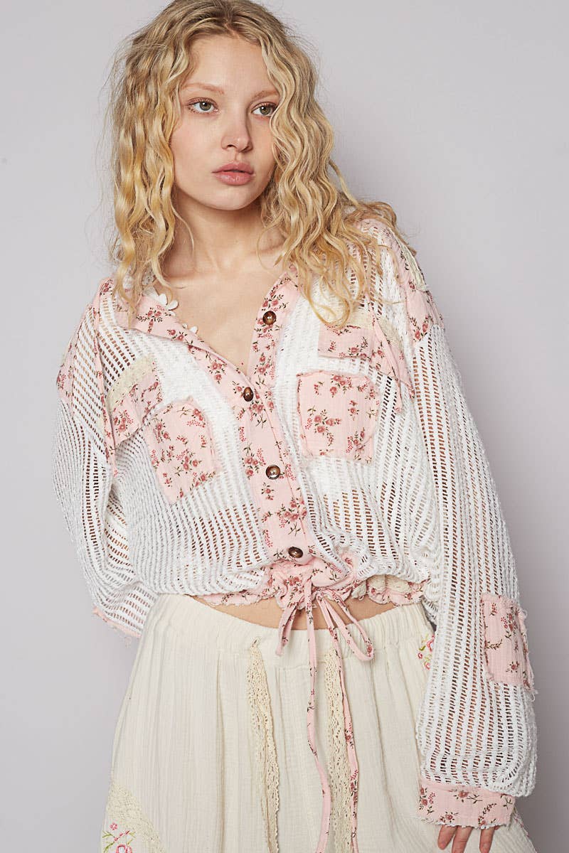 Pol Clothing - Vintage washed floral print patch crochet jacket
