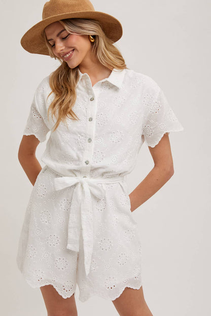 Bluivy - Eyelet Belted Waist Romper