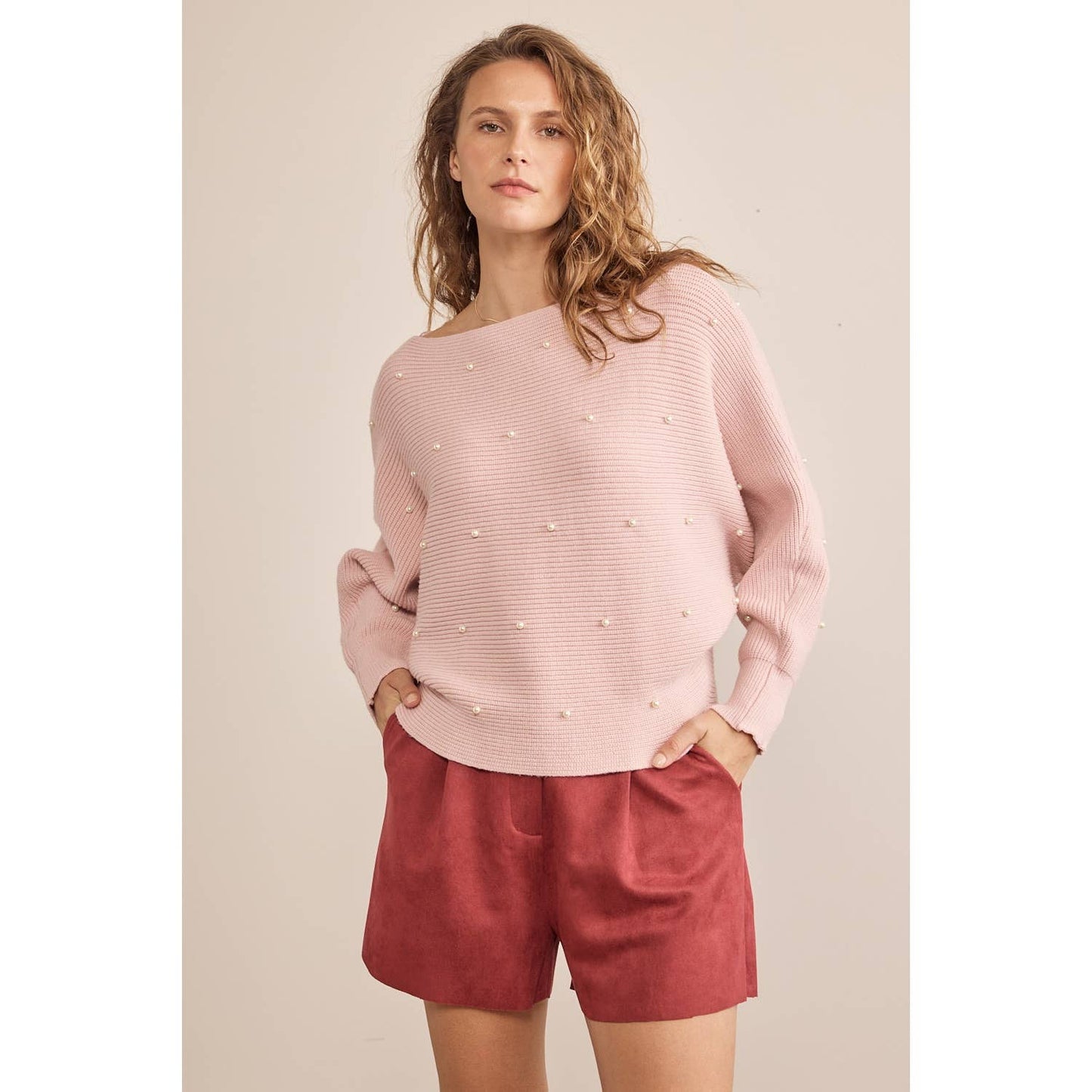 in february - Pearl Embellished Dolman Sleeved Sweater