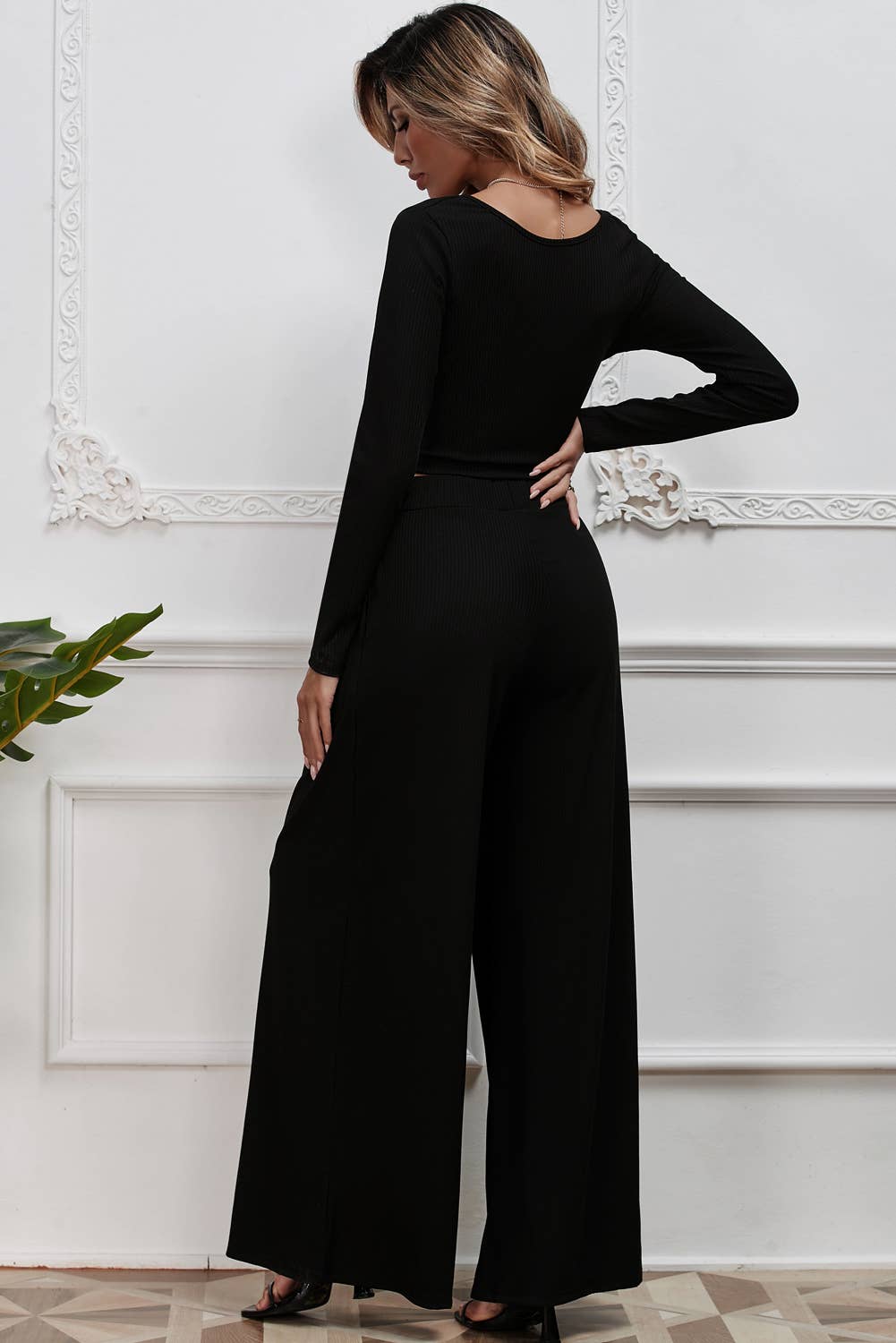 Little Daisy Closet - Solid Color Ribbed Crop Top Long Pants Set