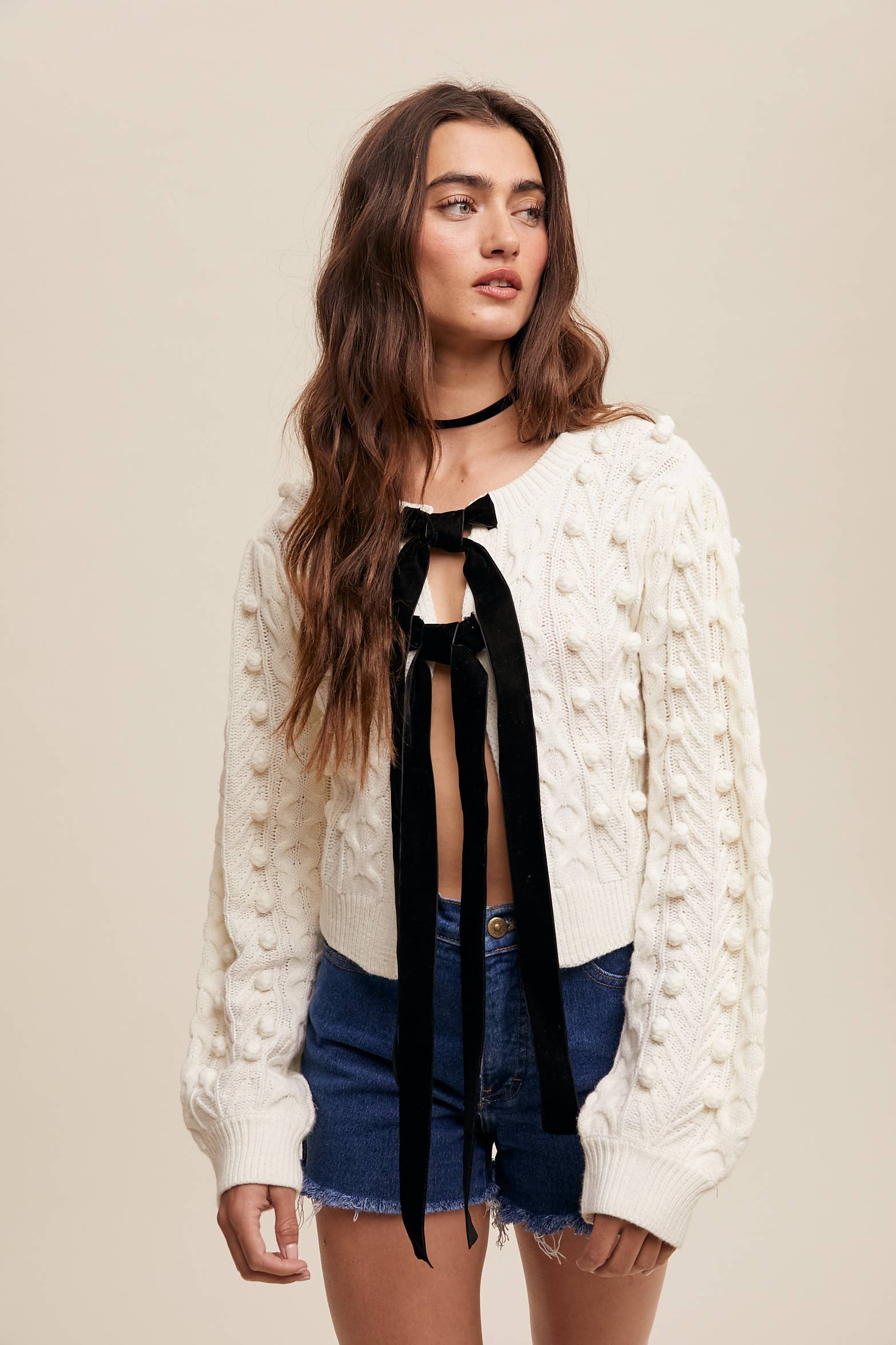 Sheer Trend Bow Tie Closure Cable Knit Cardigan Cream Ivy on Main