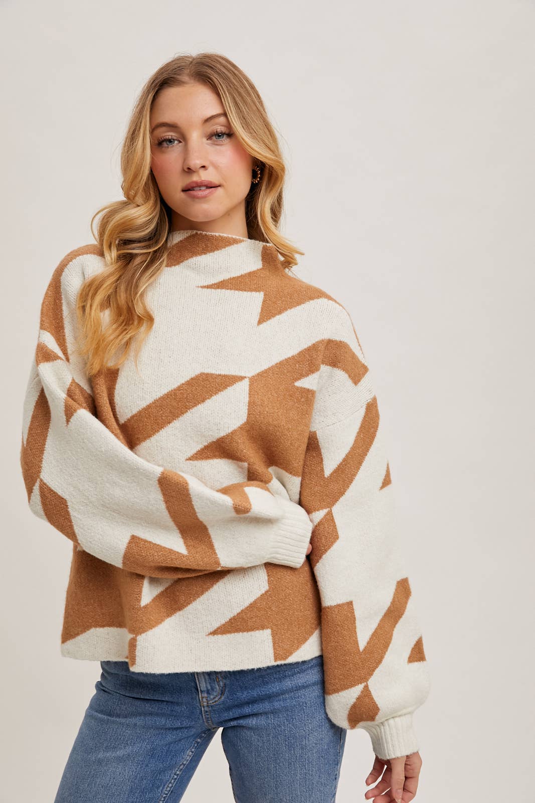 Bluivy - HOUNDSTOOTH MOCK NECK LOOSE FIT KNIT SWEATER