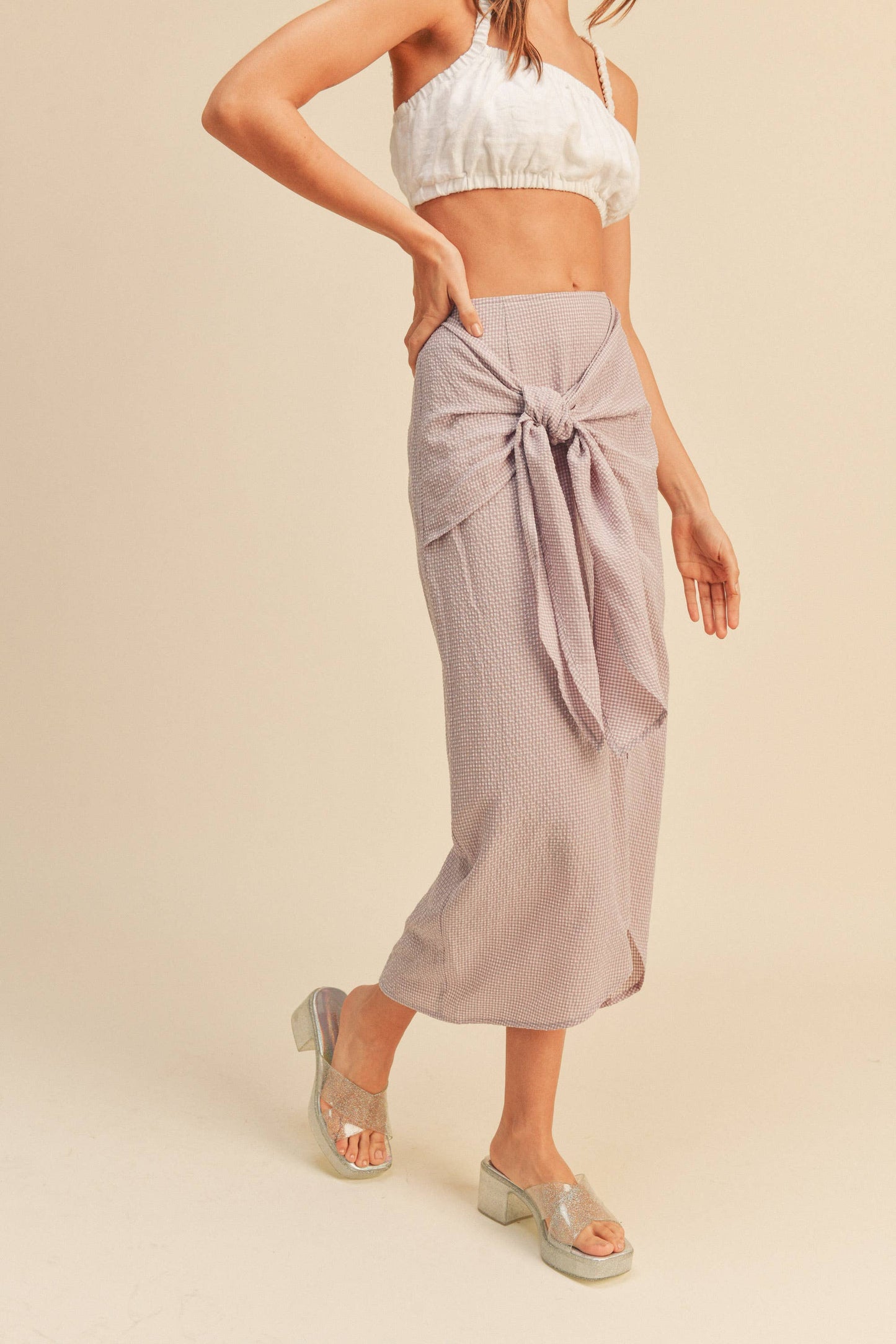 MIOU MUSE - Mini Gingham Tired Front Skirt - Lavender