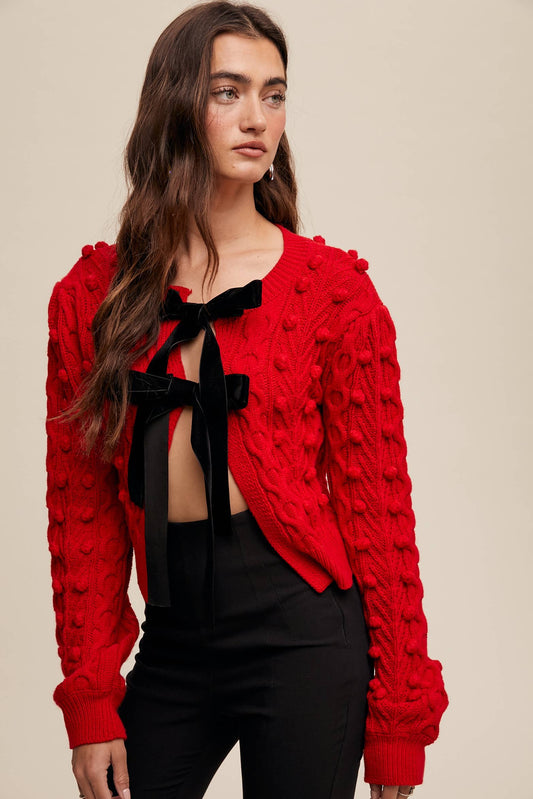 Sheer Trend - Bow Tie Closure Cable Knit Cardigan - Red