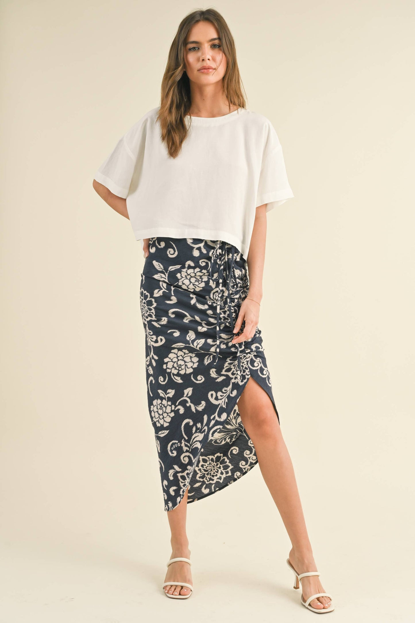 MIOU MUSE - Printed Ruched Skirt - Ink Blue