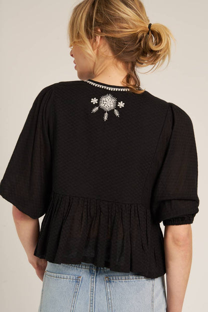 En Crème - Puff Sleeve Peplum Top with Embroidery Detail