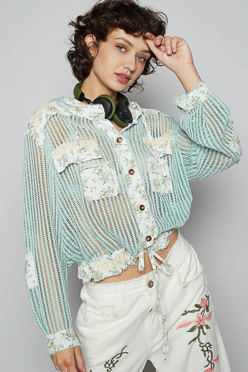 Pol Clothing - Vintage washed floral print patch crochet jacket