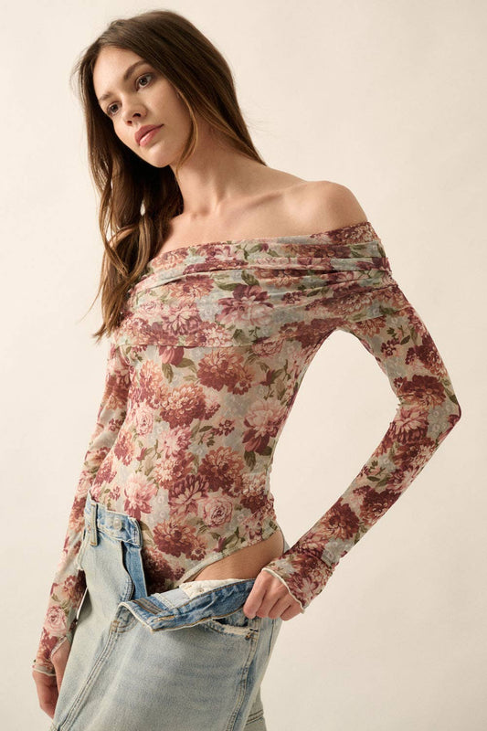Promesa USA - Floral Mesh Off-Shoulder Knit Bodysuit