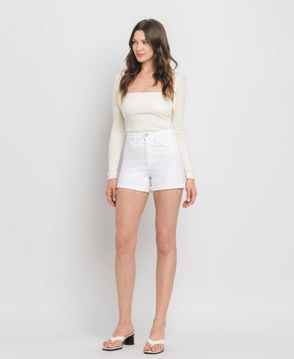 Vervet by Flying Monkey - High Rise Double Cuff Denim Shorts - White