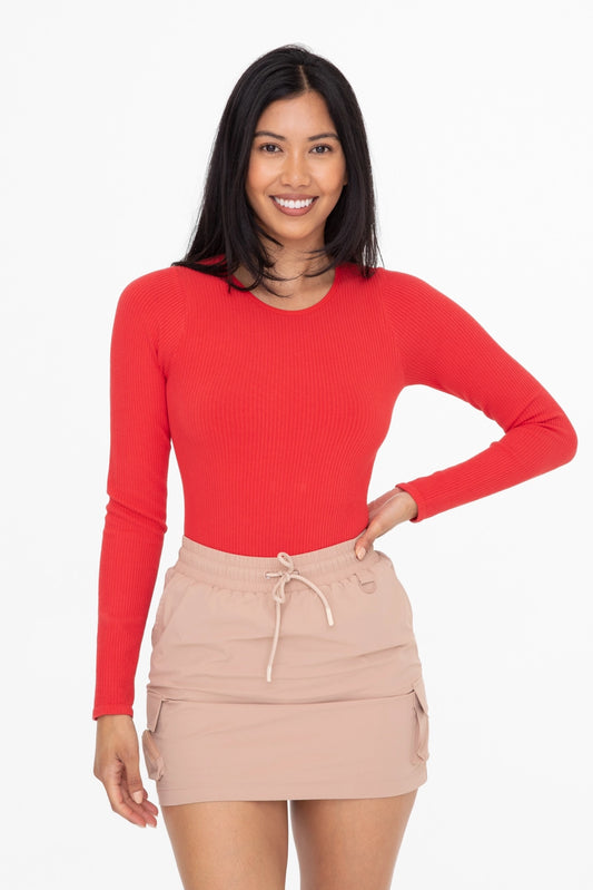 Mono B - Ribbed Seamless Long Sleeve Bodysuit - Red