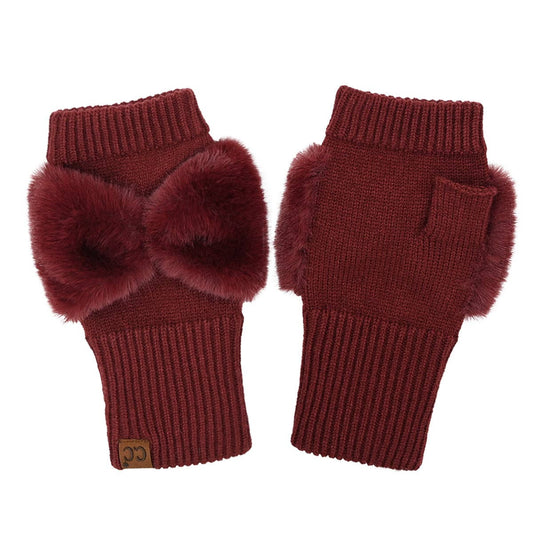 C.C Beanie - Faux Fur Bow Fingerless C.C Gloves - Burgundy