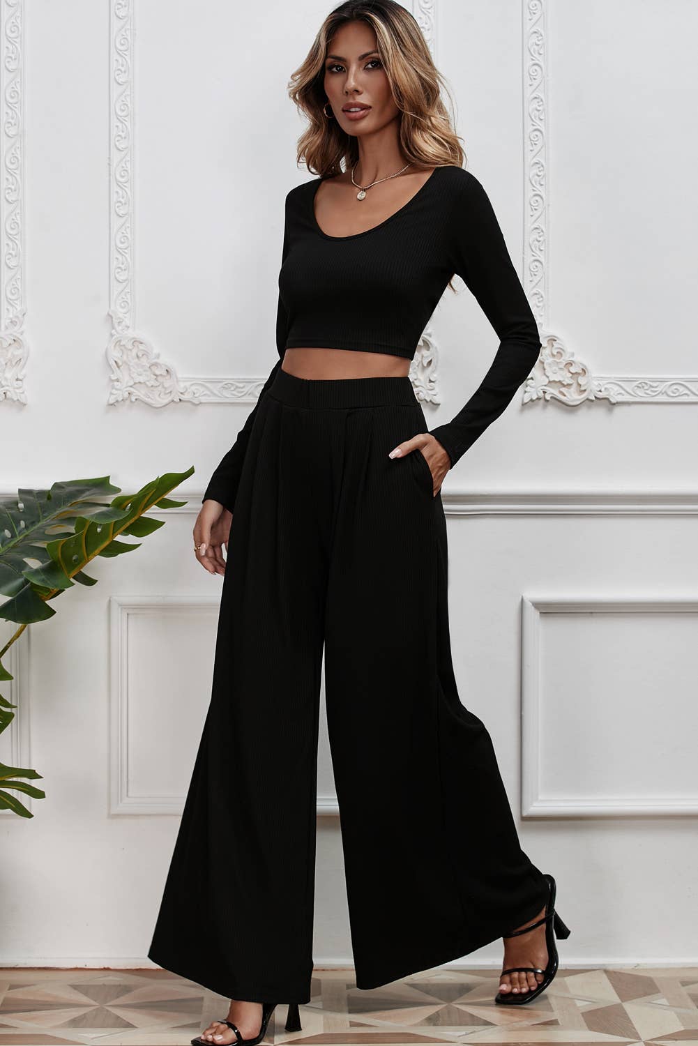 Little Daisy Closet - Solid Color Ribbed Crop Top Long Pants Set