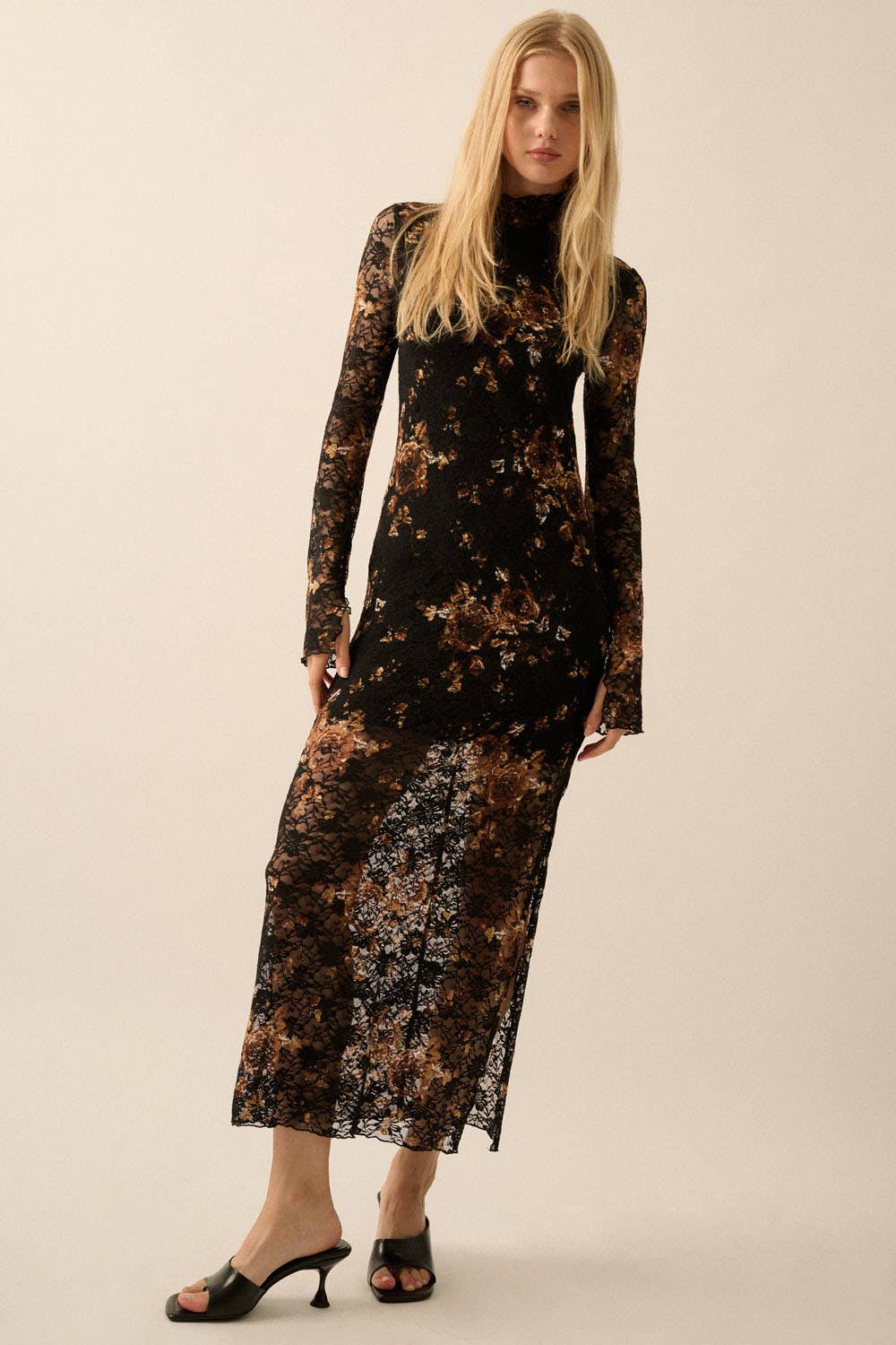 Promesa USA - Floral-Print Lace Mock-Neck Long-Sleeve Midi Dress