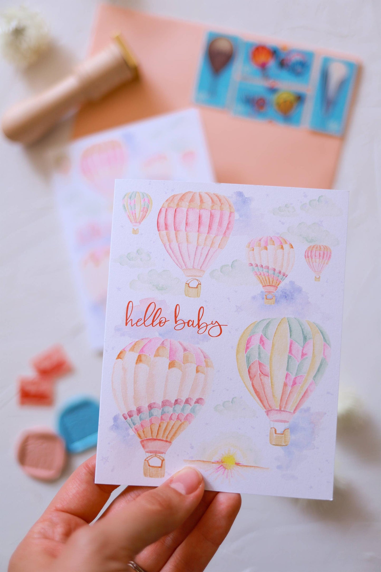 Stephanie Tara Stationery - Hello Baby Hot Air Balloons Greeting Card