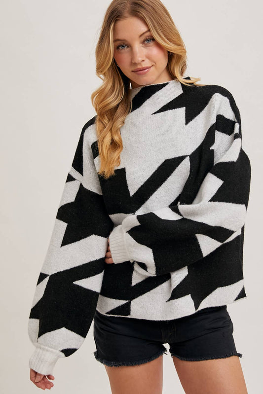 Bluivy - HOUNDSTOOTH MOCK NECK LOOSE FIT KNIT SWEATER