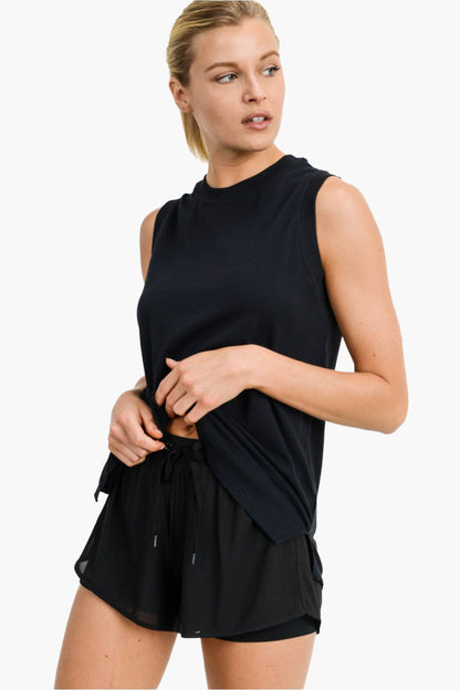 Mono B - Notched Sleeveless Flowy Tank Top - Black