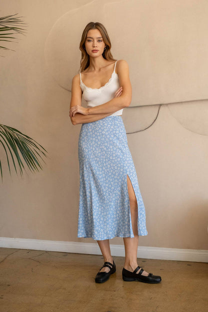 The Workshop Studio - Floral Side Slit Midi Skirt - Dusty Blue