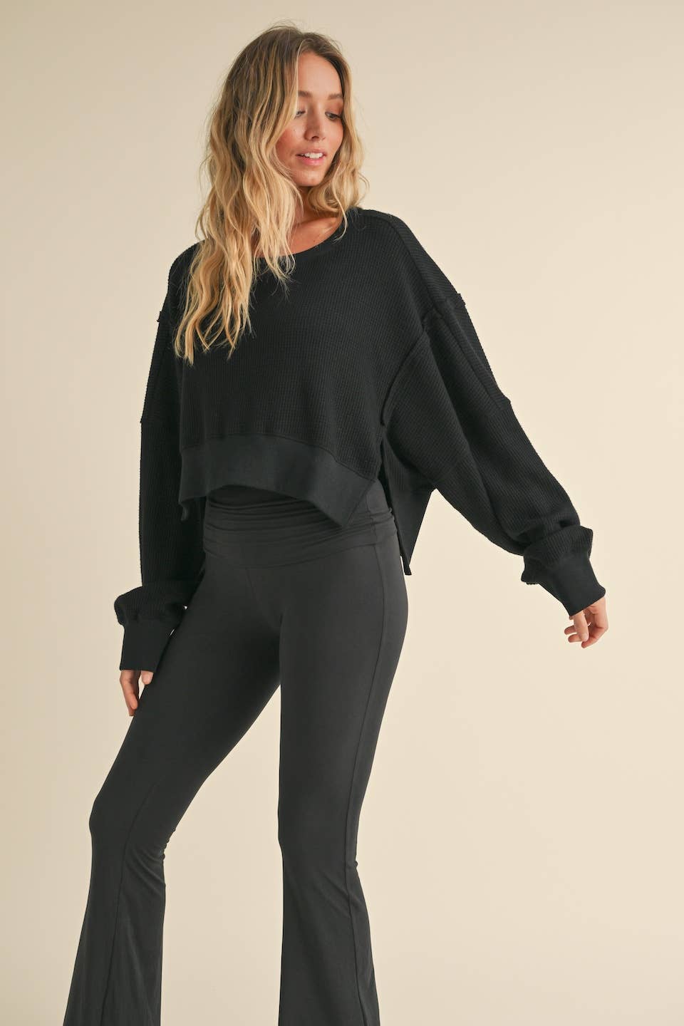 KIMBERLY C - Waffle Knit Oversized Long Sleeve Top - Black