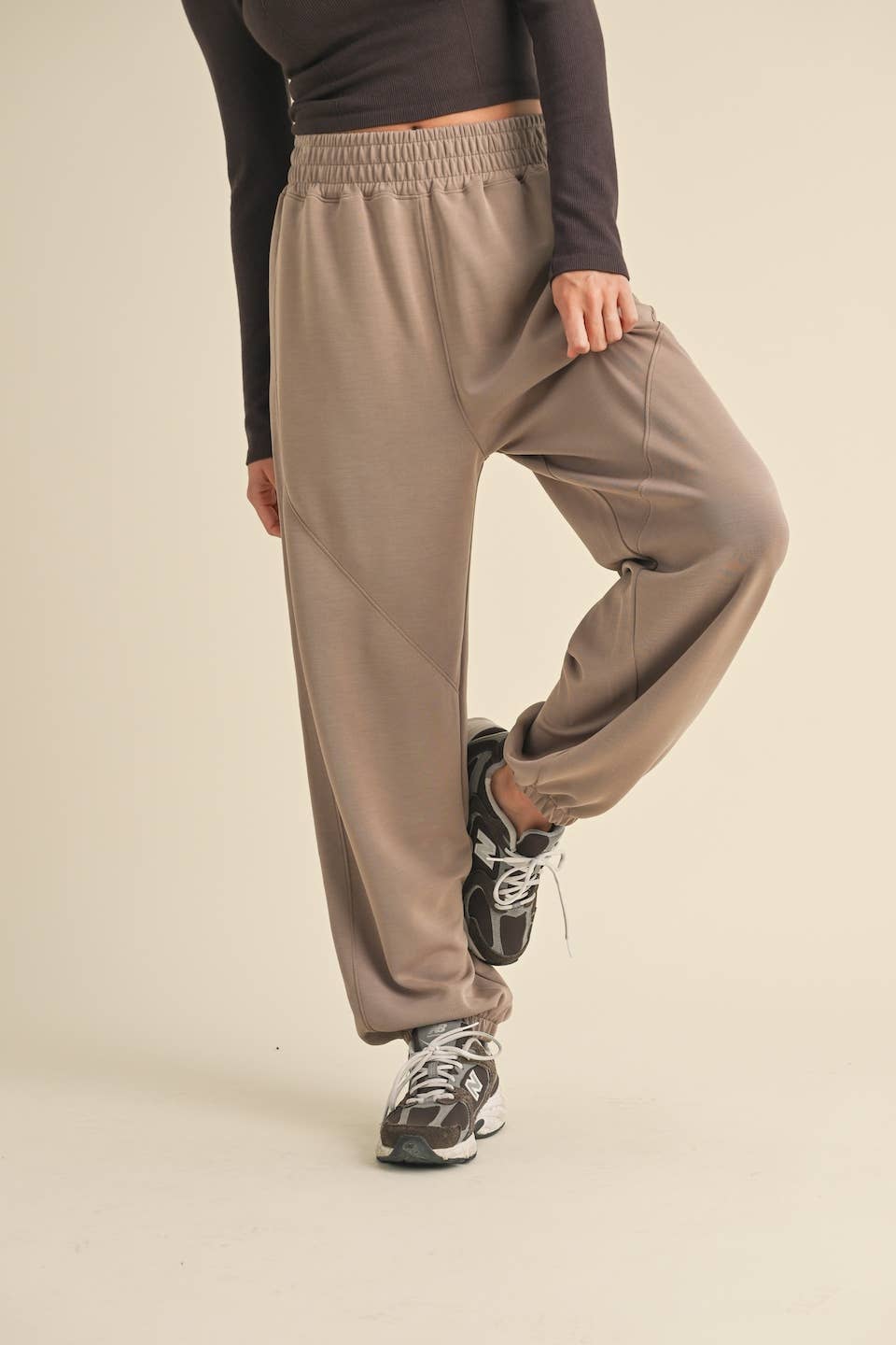 KIMBERLY C - Super Soft Air Scuba Low Rise Jogger Pants - Taupe