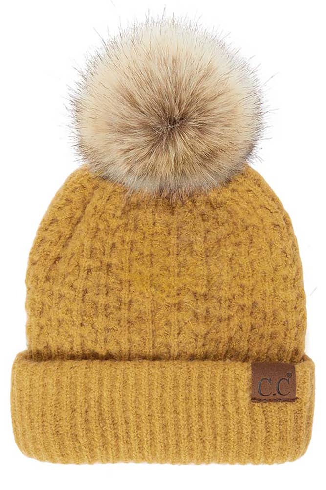 Hana - C.C Smocking Stitch Pattern Cuff Beanie with Pom Winter Hat