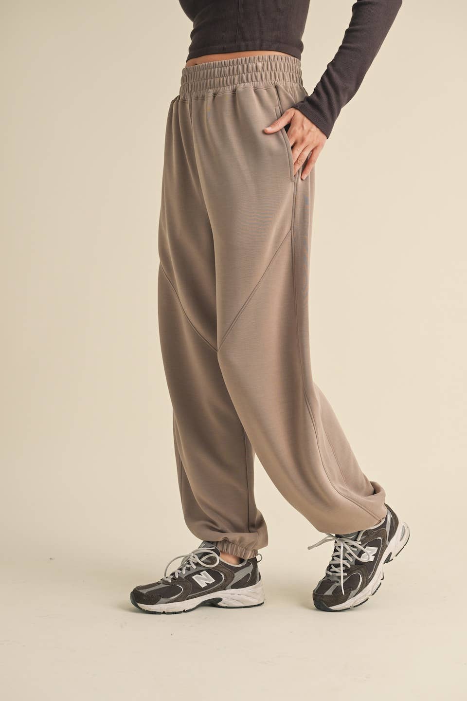 KIMBERLY C - Super Soft Air Scuba Low Rise Jogger Pants - Taupe