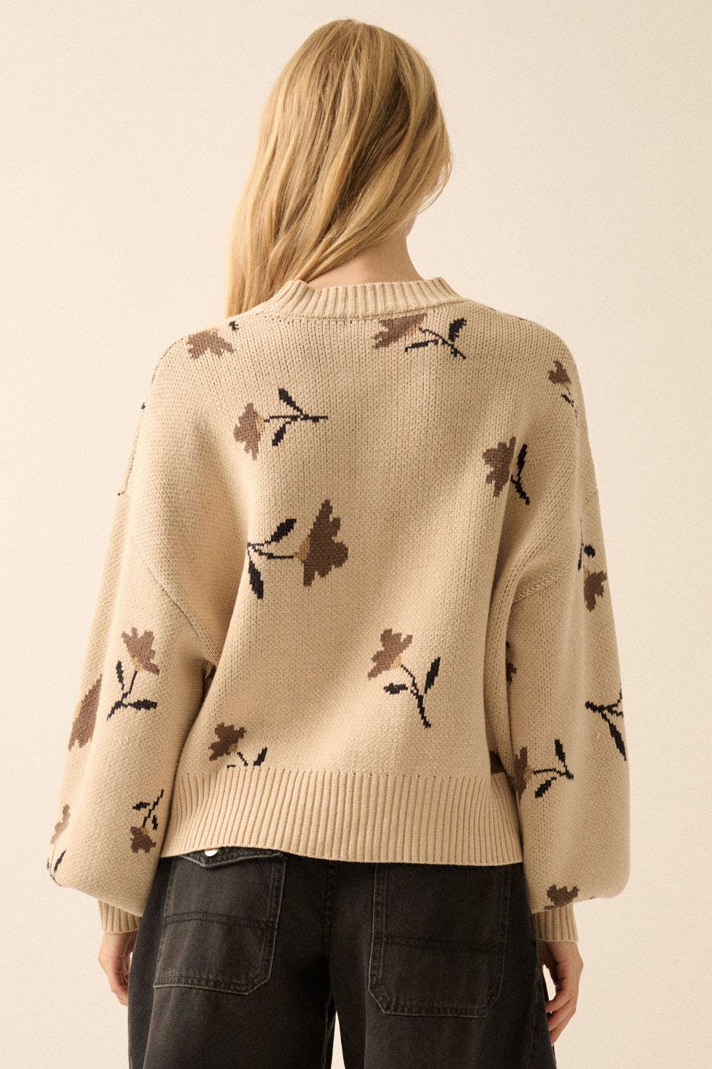 Promesa USA - Floral-Pattern Knit Bishop-Sleeve Sweater