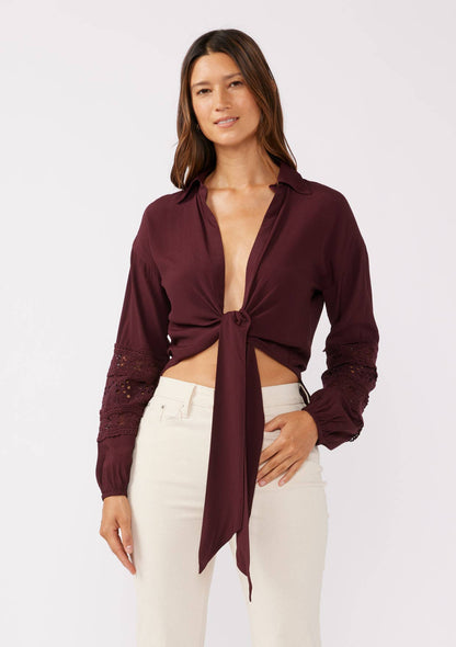 Lovestitch - Embroidered Long Sleeve Tie-Front Blouse - Merlot