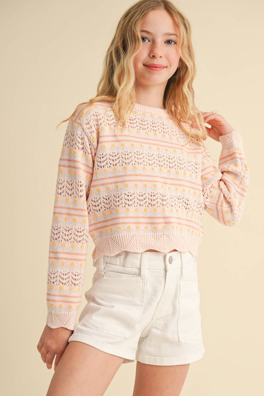 heart and arrow - KNITWEAR PULL OVER TOP IN FLOWER POINTELLE STRIPE (7-14)