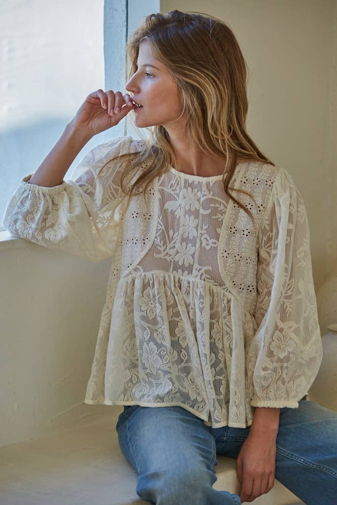 By Together - Woven Cotton Long Sleeve Open Back Lace Top