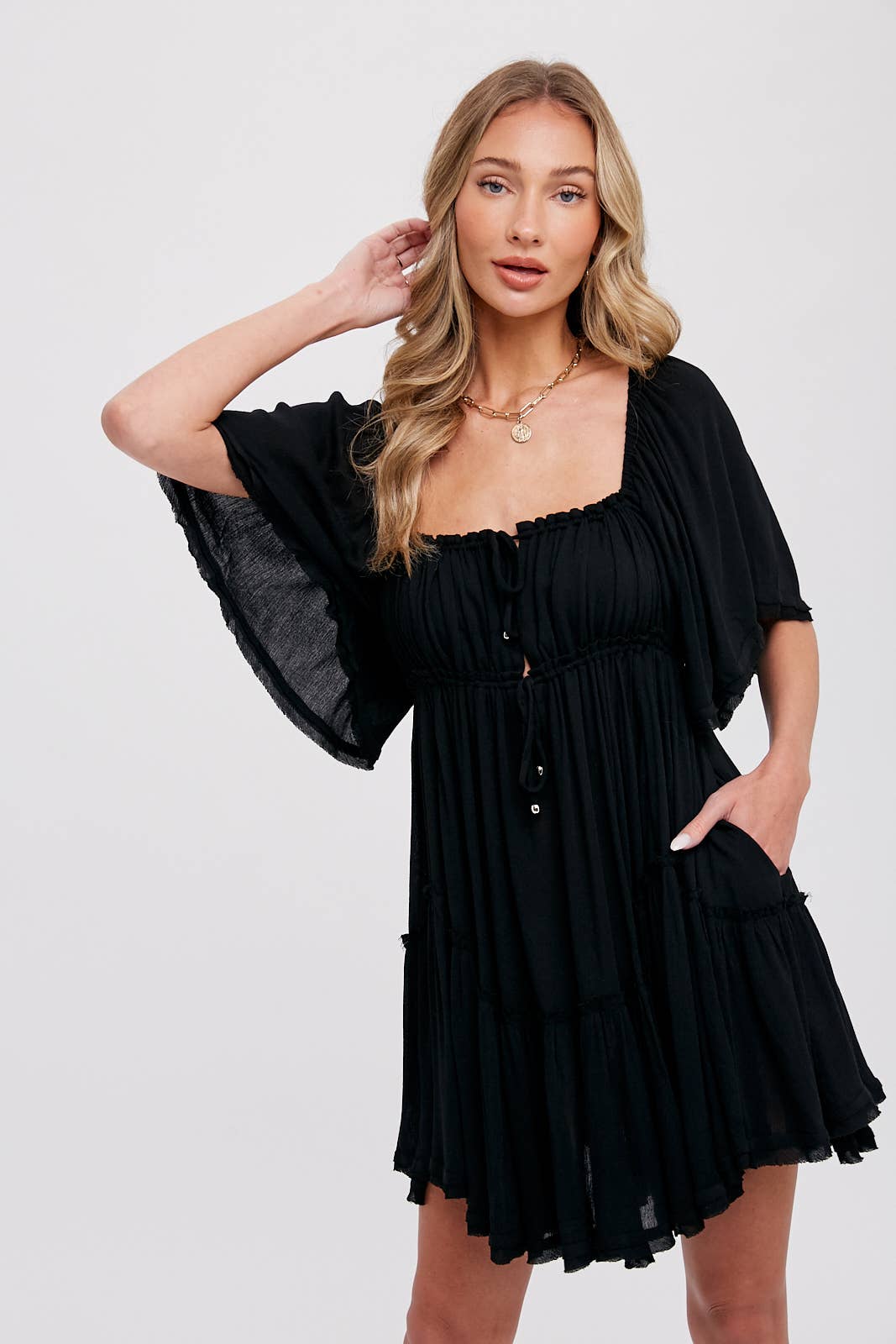 Bluivy - Ruffled Hem Ruched Mini Dress - Black