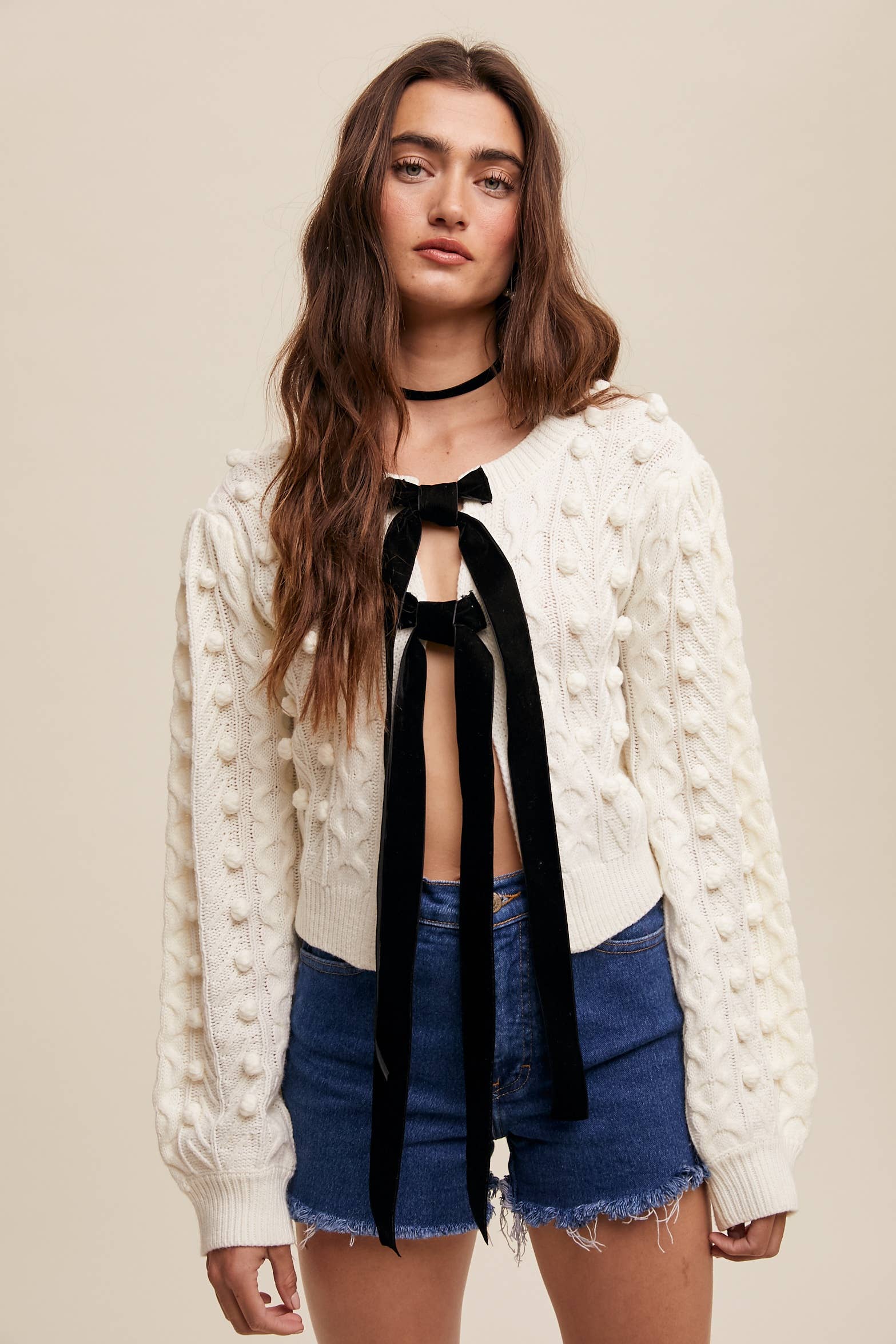 Sheer Trend Bow Tie Closure Cable Knit Cardigan Cream