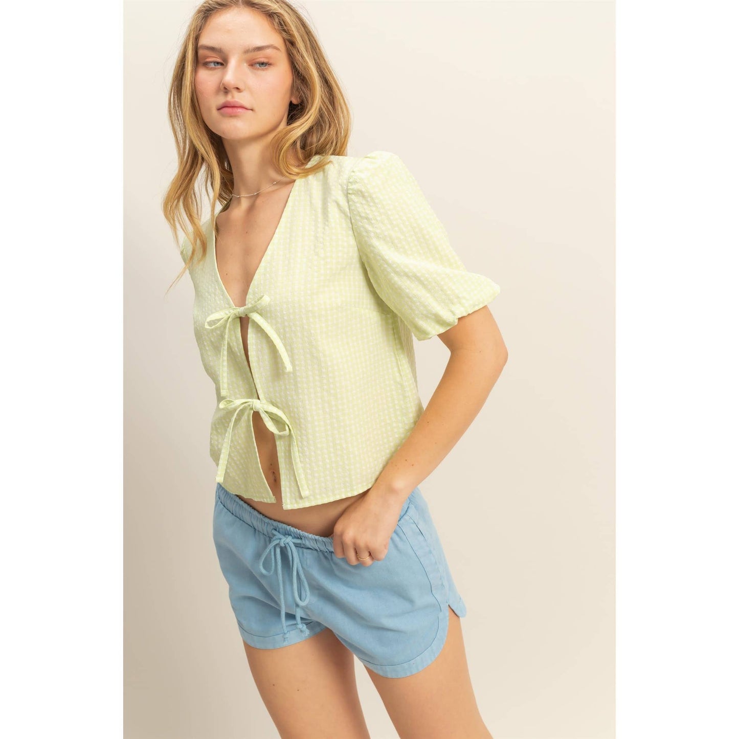 HYFVE - DZ25C145-Gingham Print Bow Tie Puff Sleeve Blouse