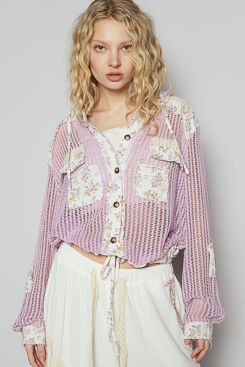 Pol Clothing - Vintage washed floral print patch crochet jacket