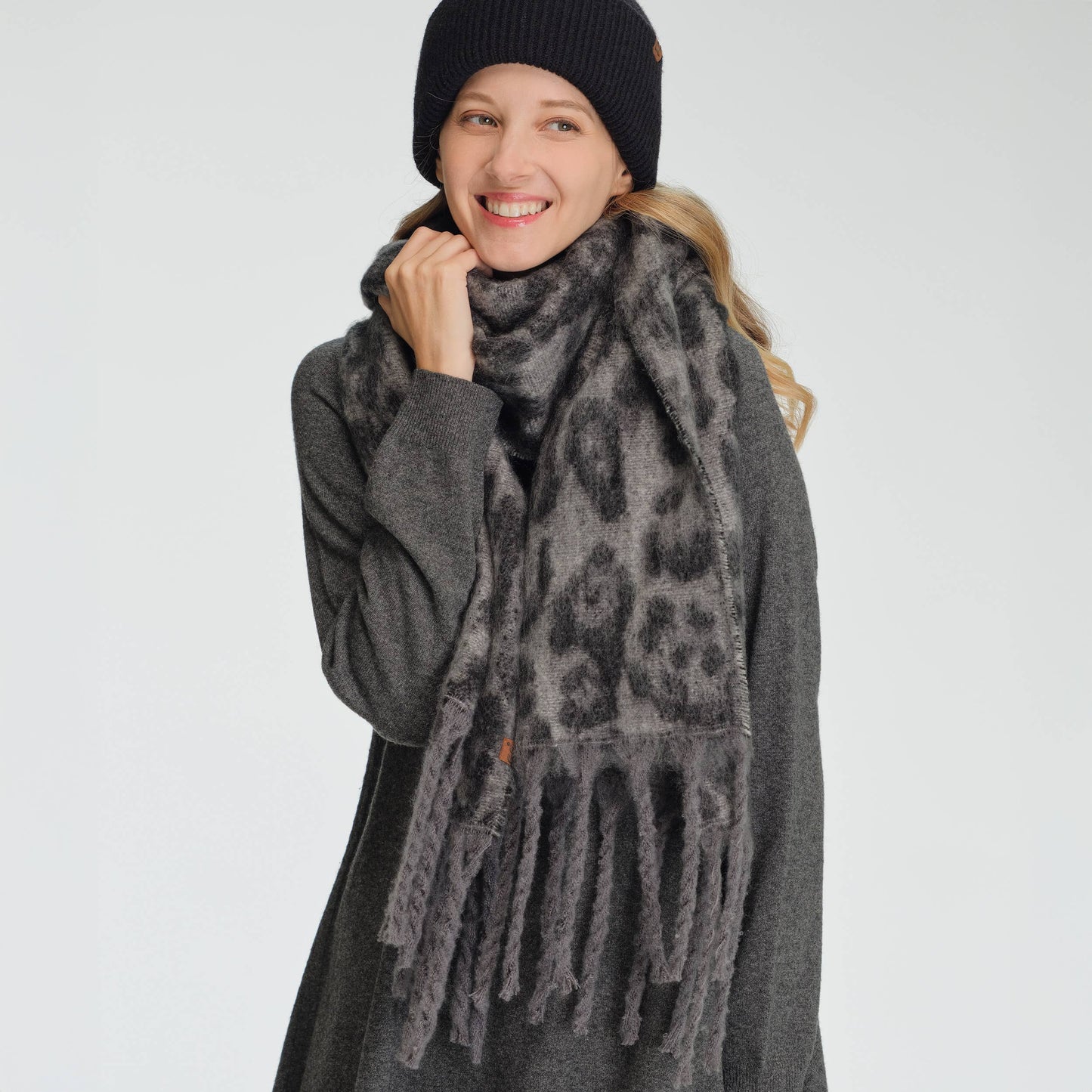 Hana - C.C Woven Leopard Pattern Print with Fringe Scarf