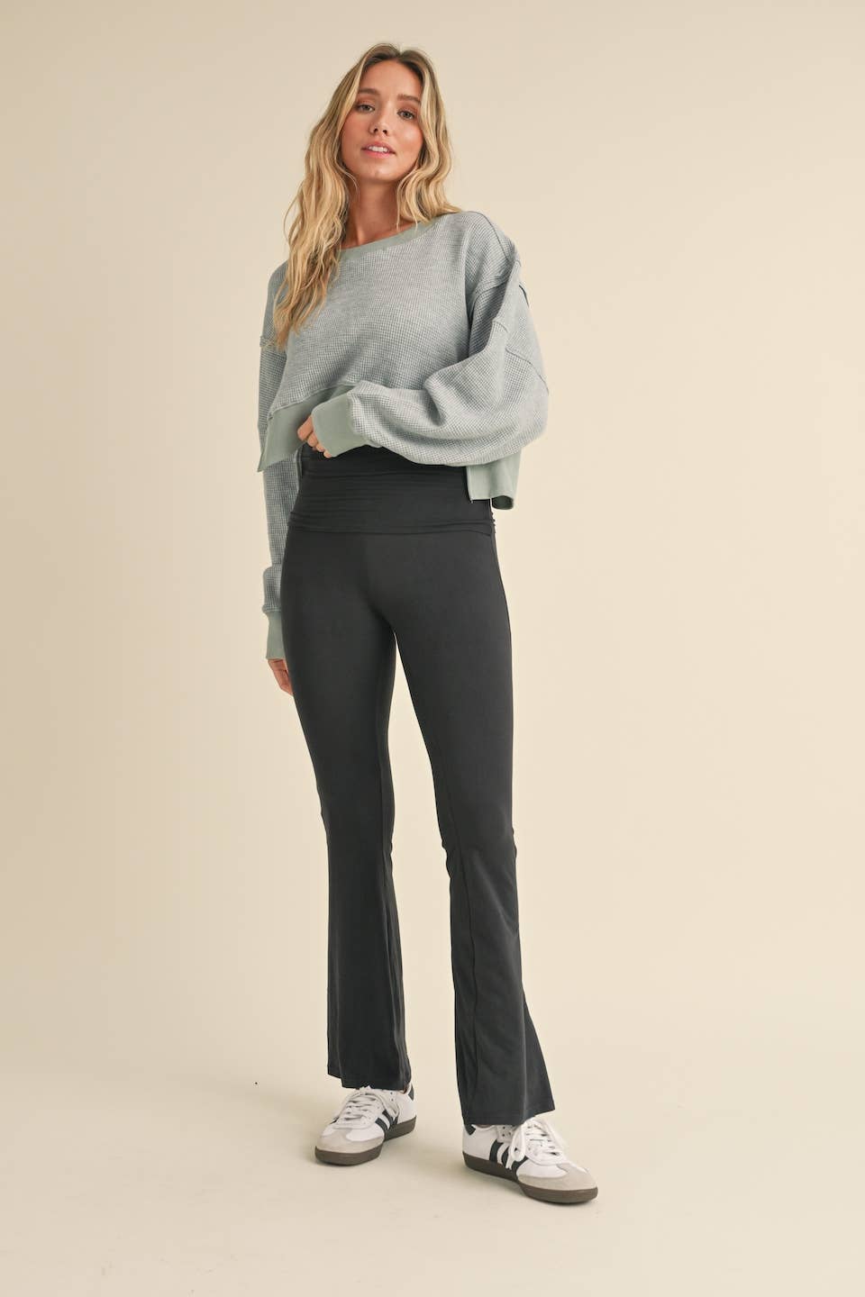KIMBERLY C - Waffle Knit Oversized Long Sleeve Top - Grey