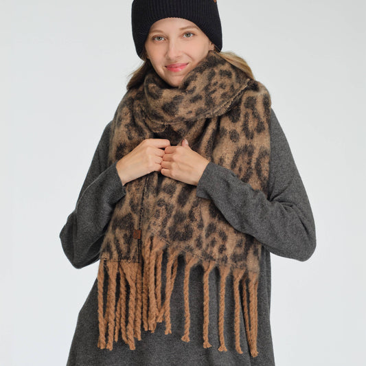Hana - C.C Woven Leopard Pattern Print with Fringe Scarf