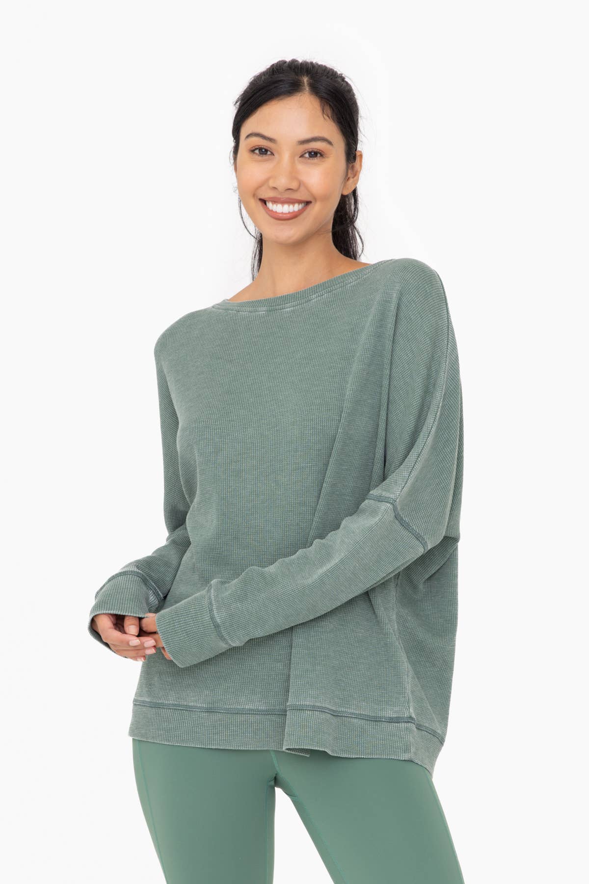 Mono B - Waffle Ribbed Roundneck Pullover - Green Kahki