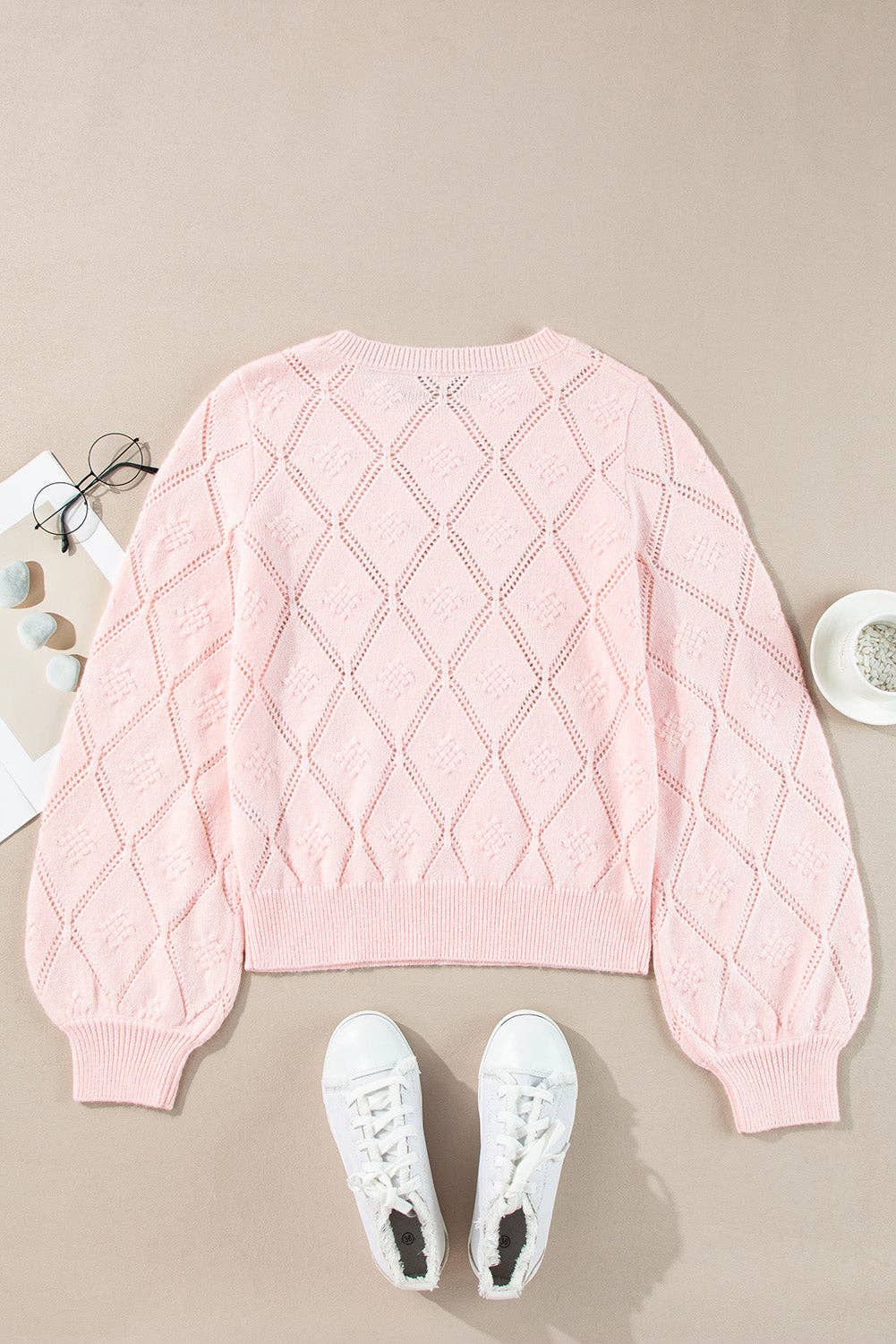 Pretty Bash - Pointelle Knit Puff Sleeve Sweater