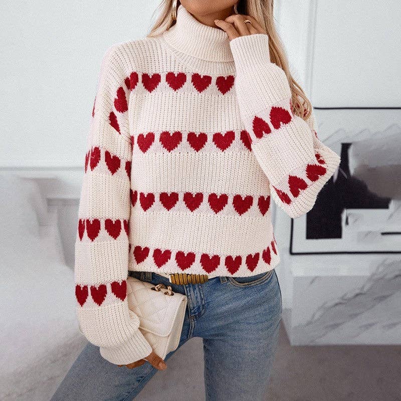 Sheer Trend - Loose Fit Heart Patterned Turtleneck Sweater