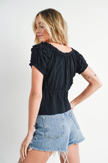 Bluivy - Ruffled Drawstring Button Front Top - Black