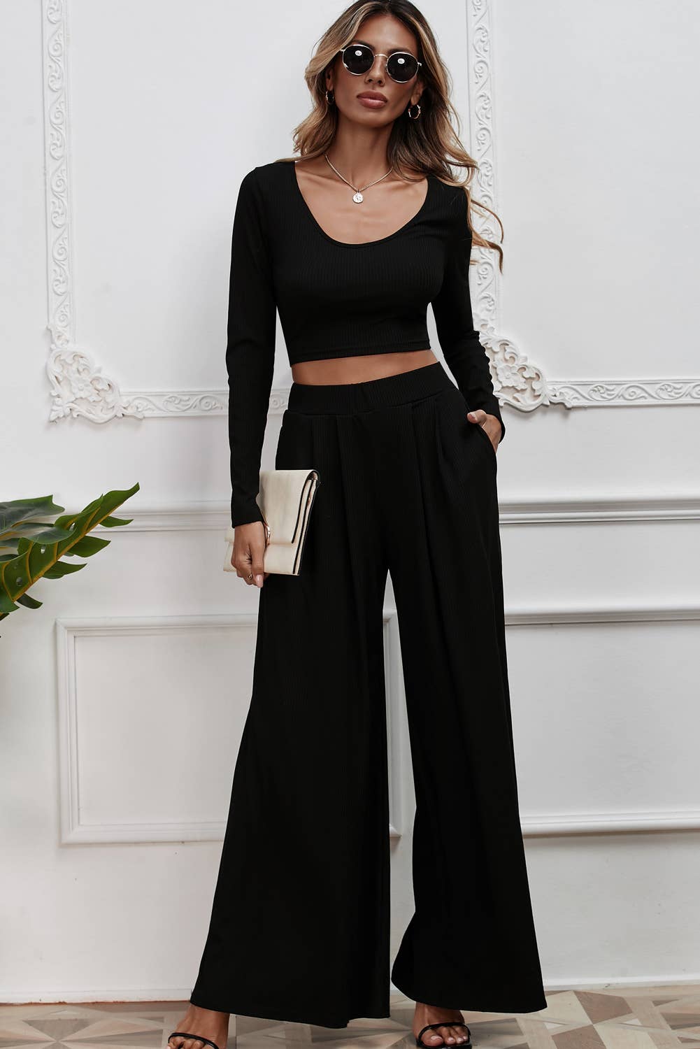 Little Daisy Closet - Solid Color Ribbed Crop Top Long Pants Set