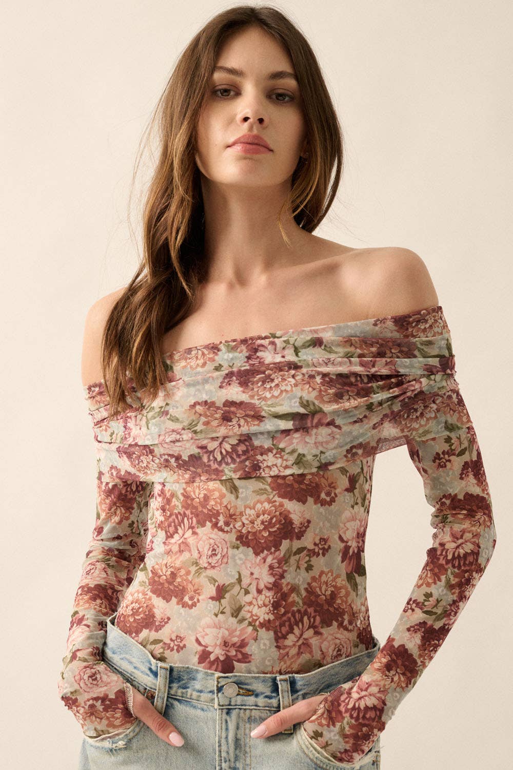 Promesa USA - Floral Mesh Off-Shoulder Knit Bodysuit