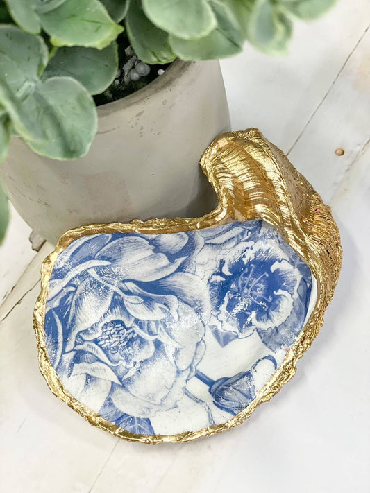 Alison Brooke Designs - Vintage Blue Flowers Oyster Trinket Dish