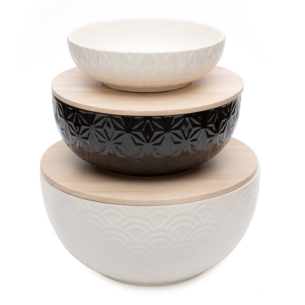 CounterArt and Highland Home - 3-Pack Multi-Sized Stoneware Serving Bowls with 2 Lids