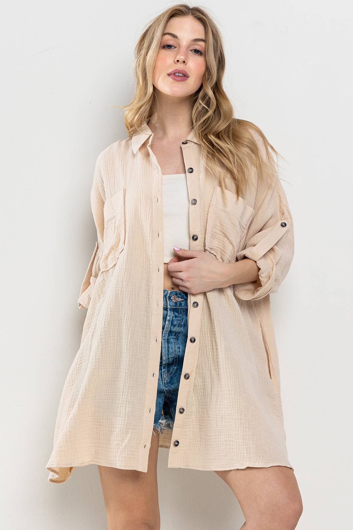 Ces Femme - Quarter Sleeve Cotton Gauze Boyfriend Shirt