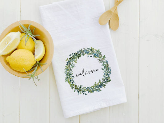 Indigo Tangerine - Welcome Boxwood Wreath - Cotton Tea Towel