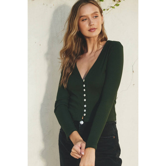 Dress Forum - Shell Button V Neck Long Sleeve Top - Pine