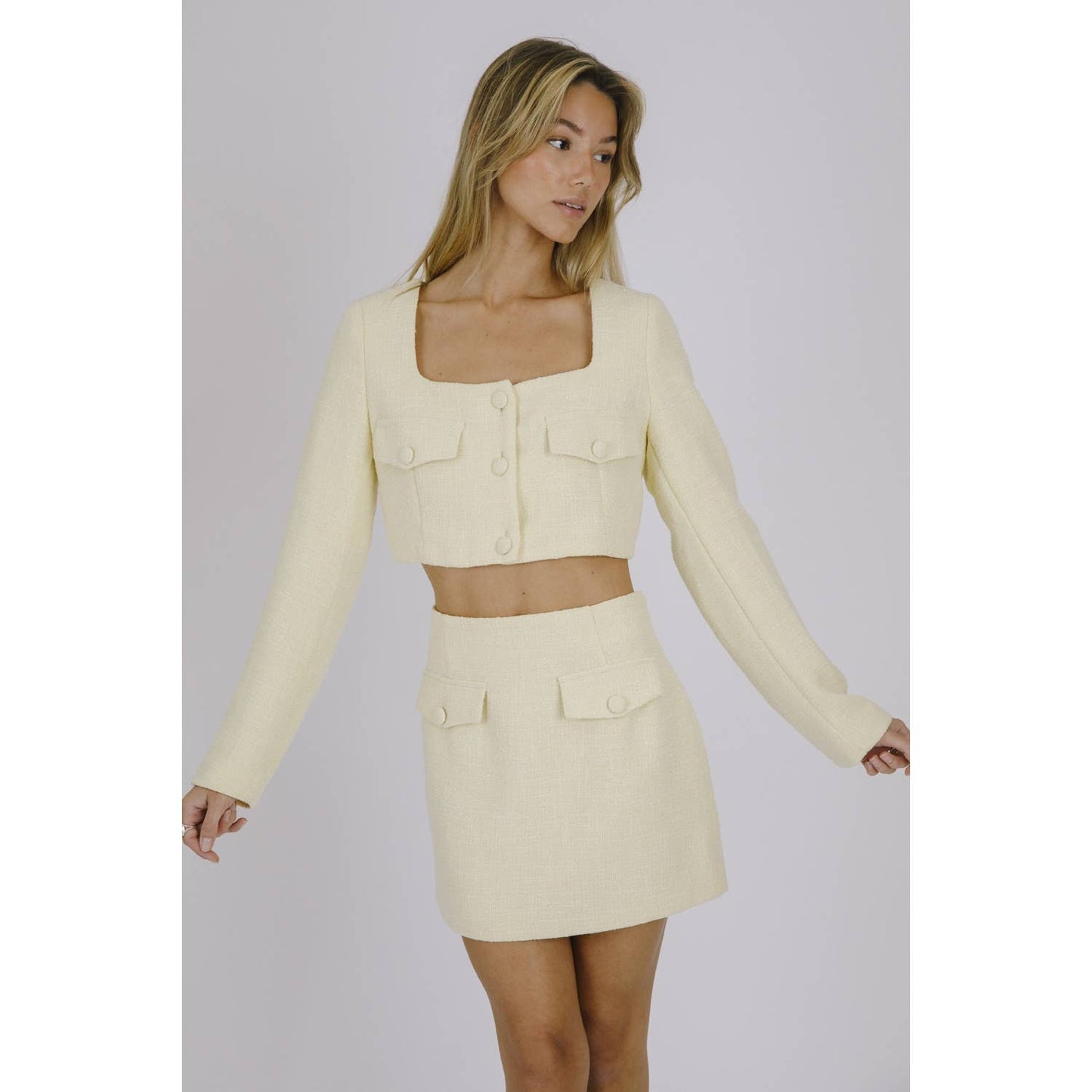 STORIA - Tweed Monochromatic Pastel Mini Skirt - Yellow