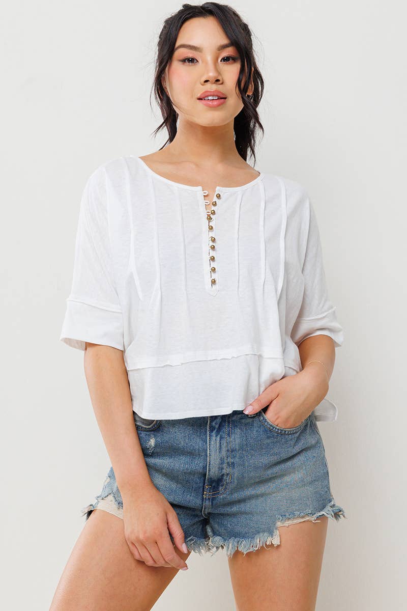 Ces Femme - Solid Pleating Detailed Half Sleeve Top